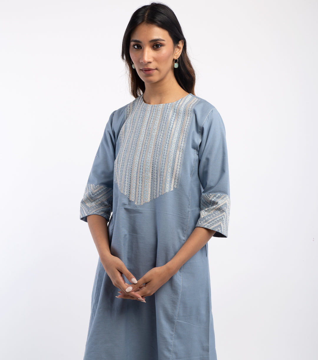 Blue Cotton Linen embroidered Kurta