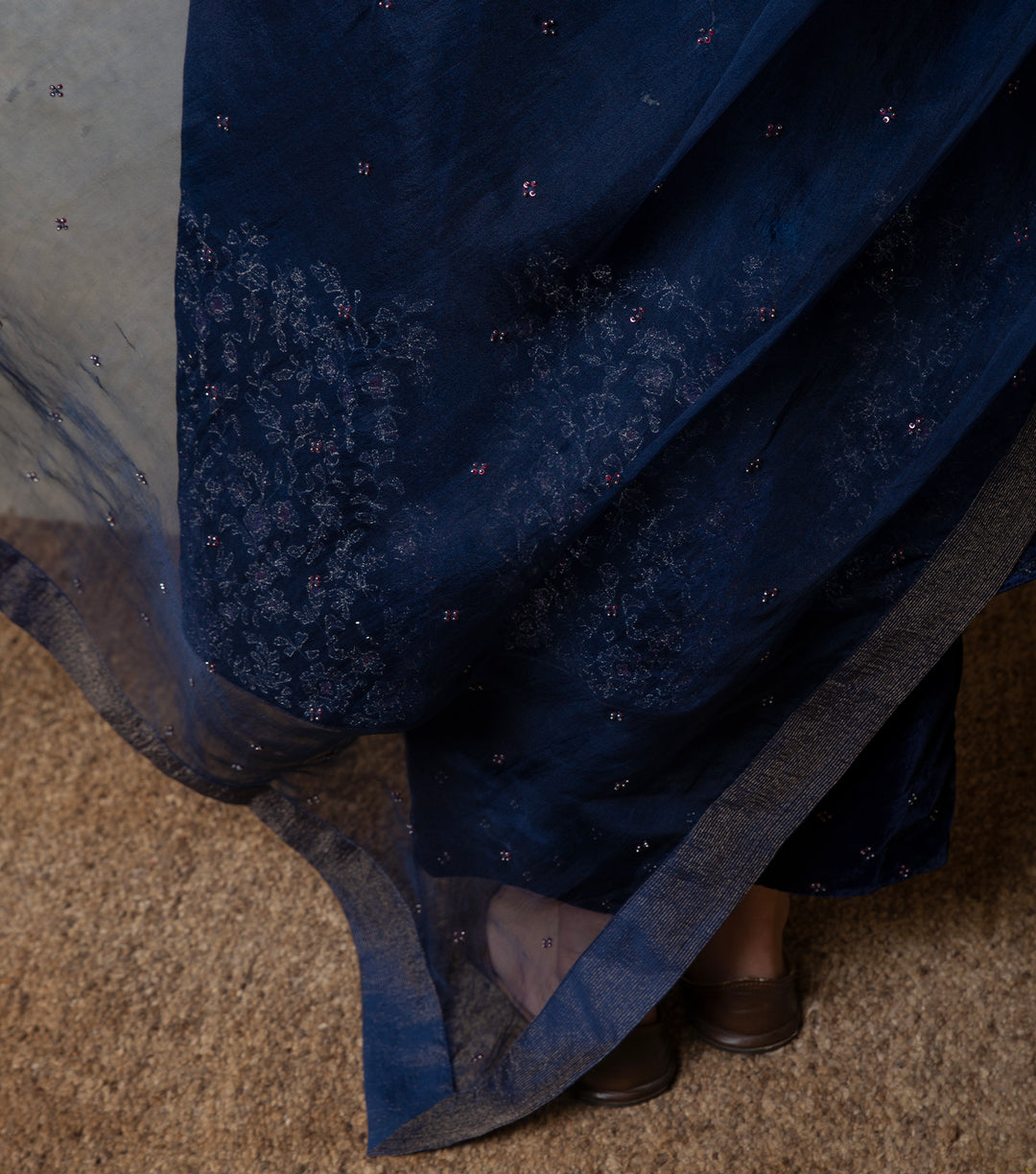 Navy Blue Hand Embroidered Organza Dupatta