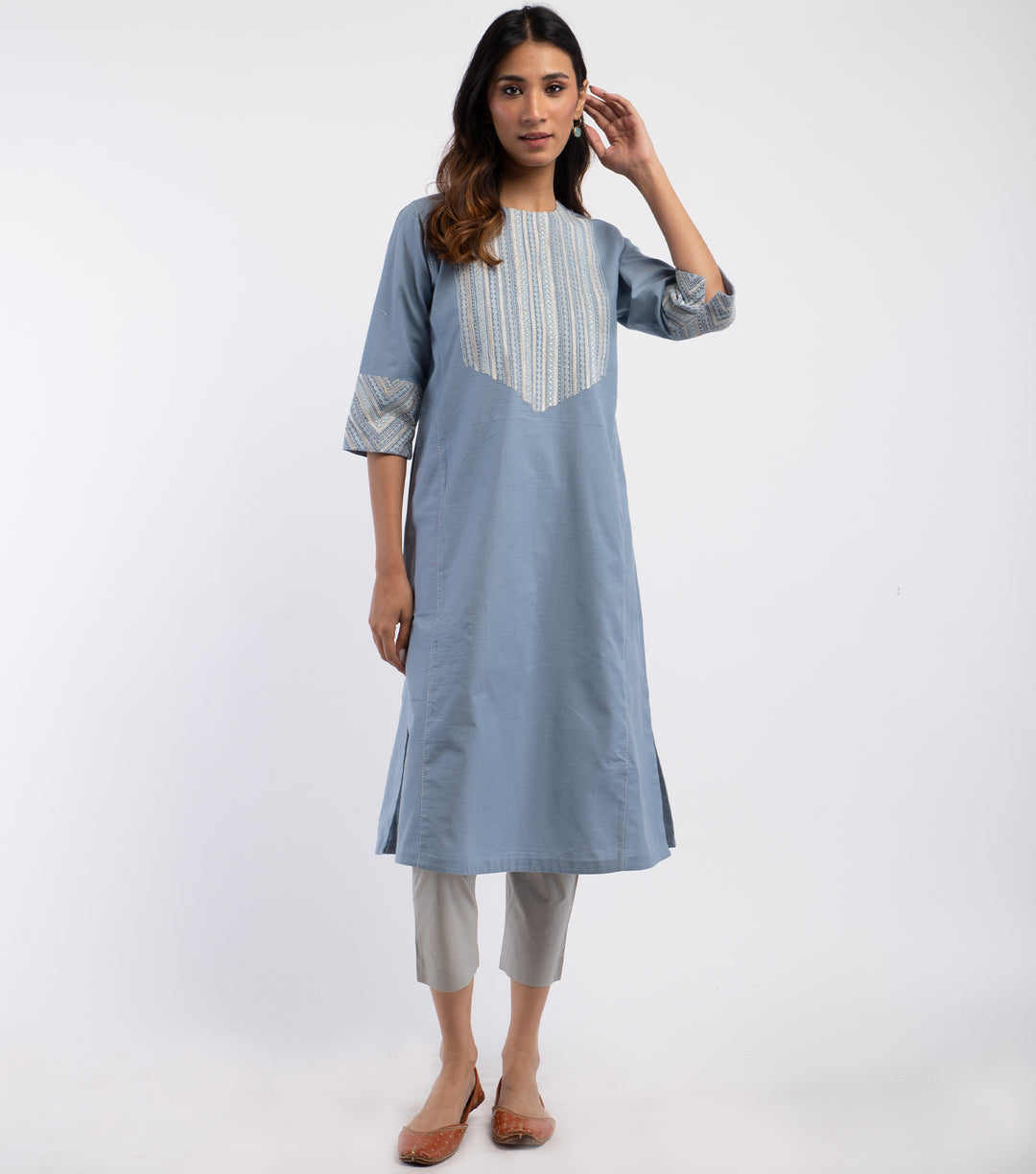 Blue Cotton Linen embroidered Kurta