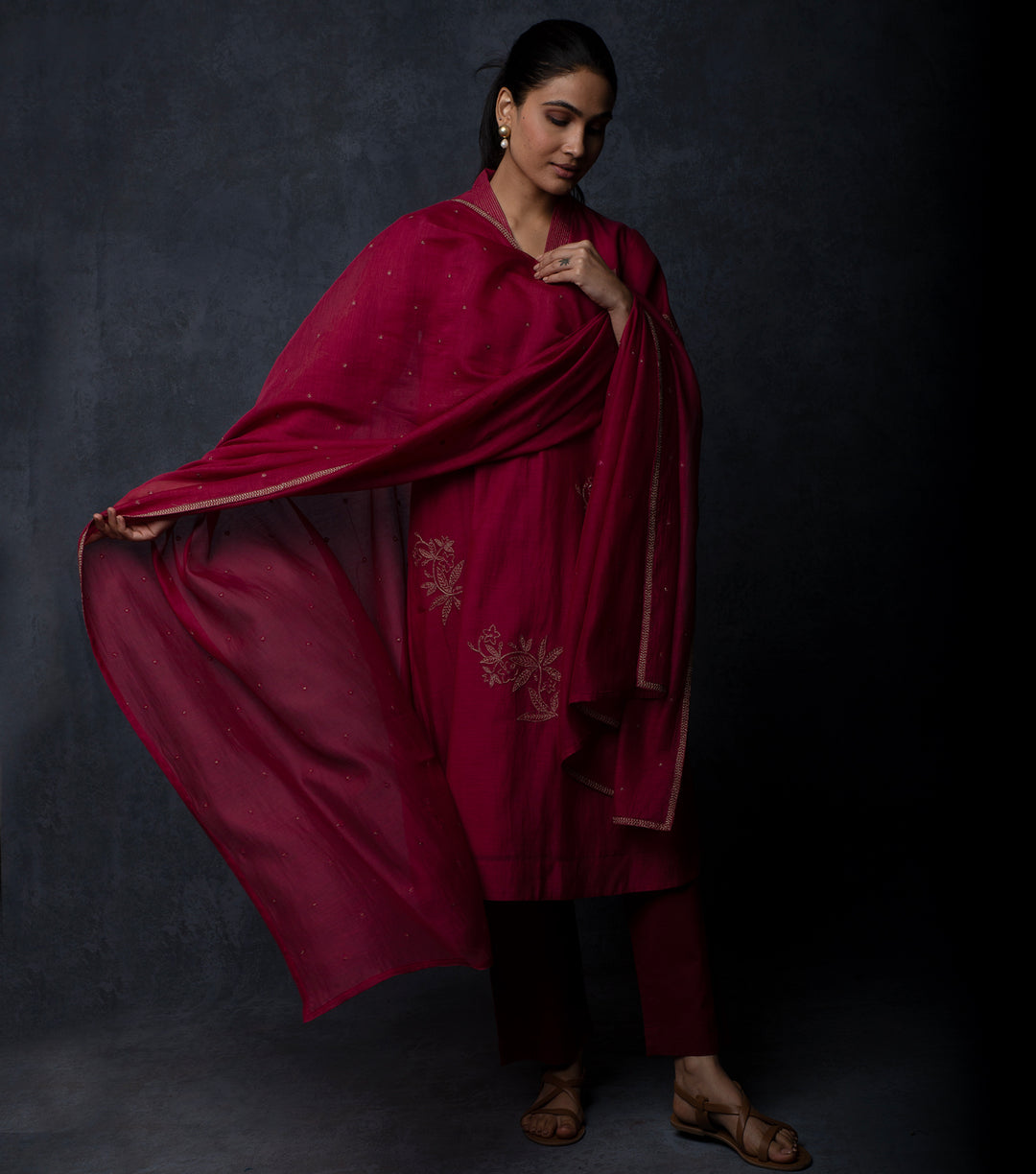 Maroon Embroidered Chanderi Suit Set