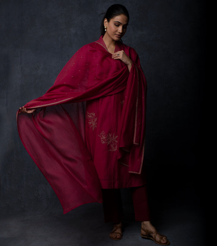 Maroon Embroidered Chanderi Suit Set