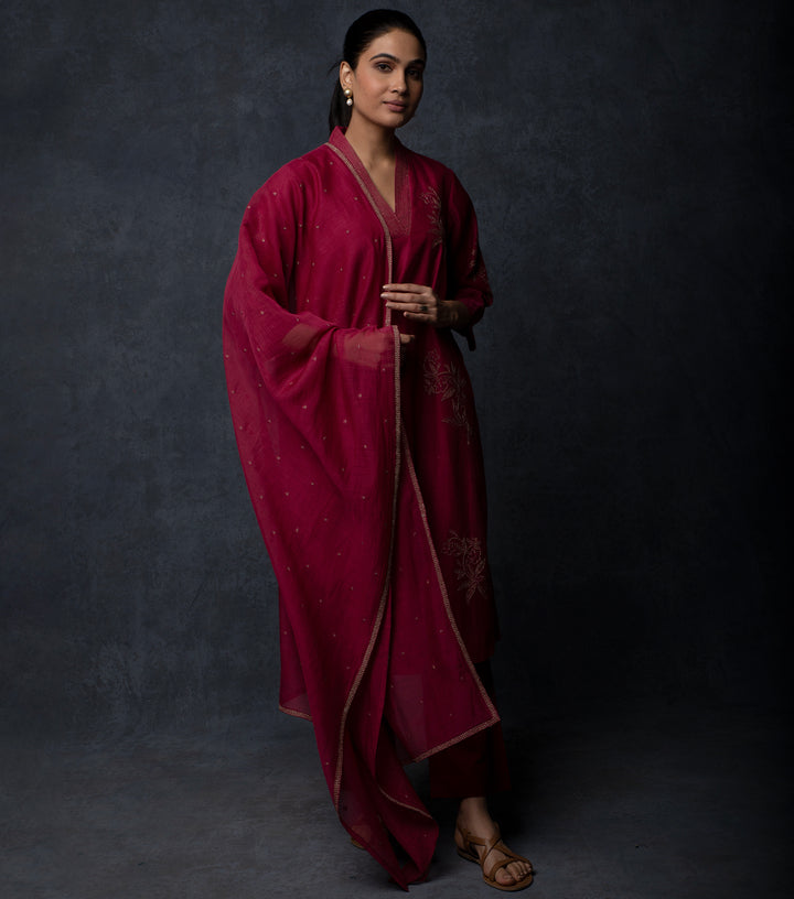 Maroon Embroidered Chanderi Suit Set