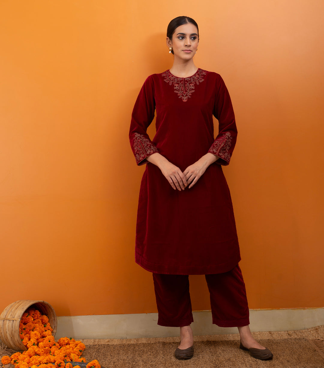 Maroon Embroidered Velvet Suit Set