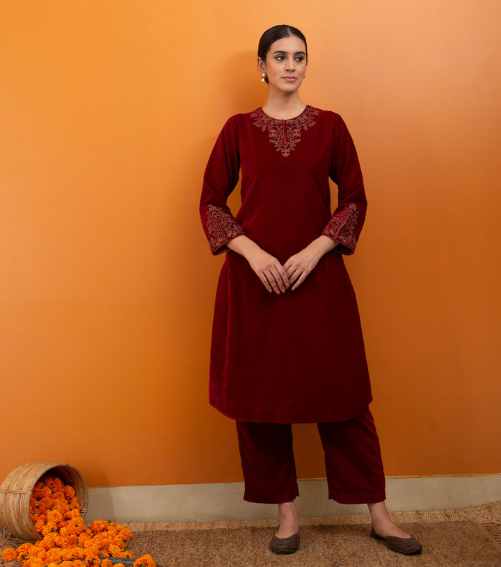 Maroon Embroidered Velvet Suit Set