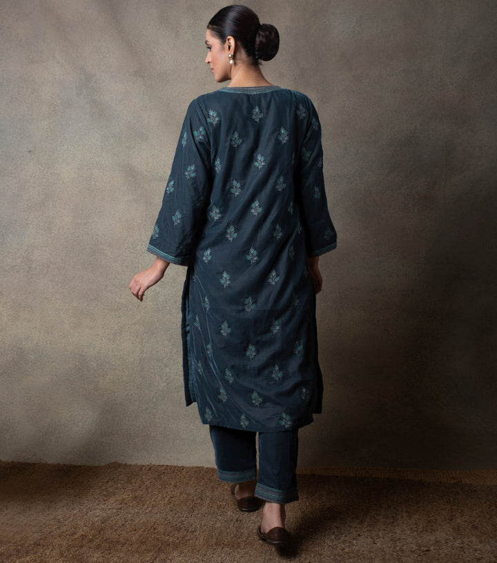 Blue Hand Embroidered Velvet Suit set