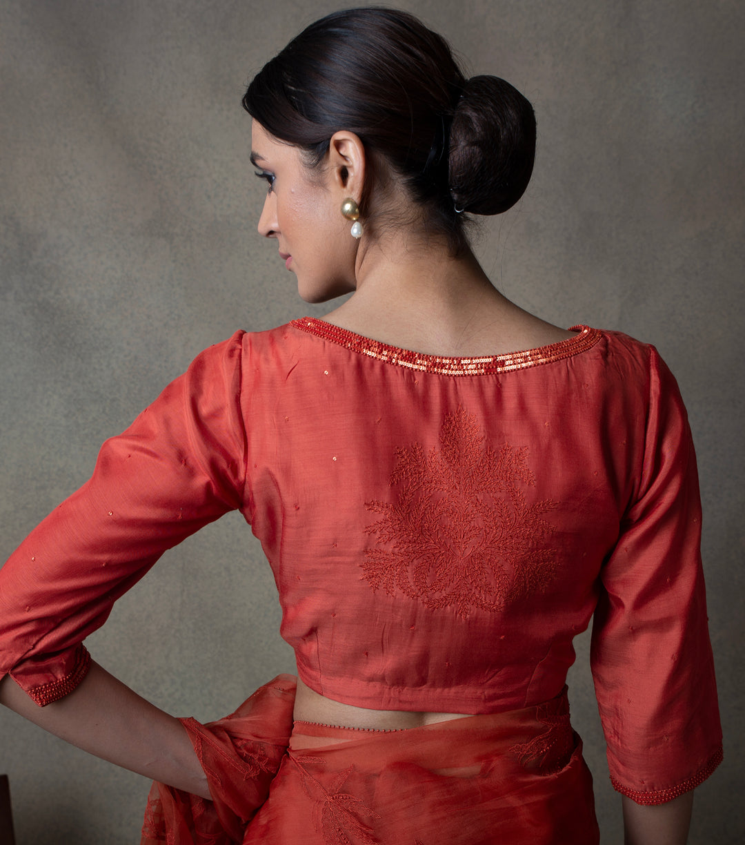 Rust Hand Embroidered Cotton Silk Blouse