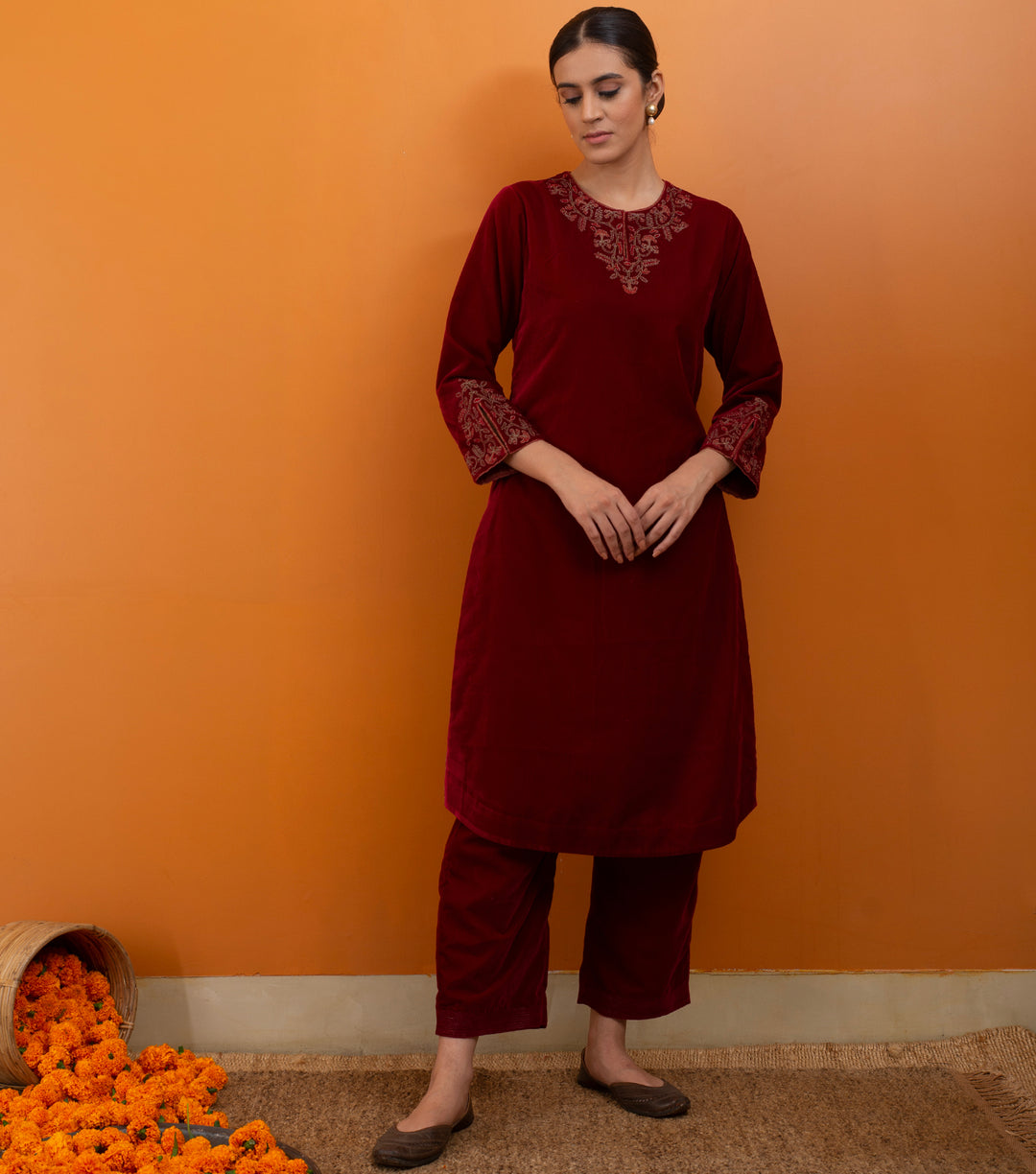 Maroon Embroidered Velvet Suit Set