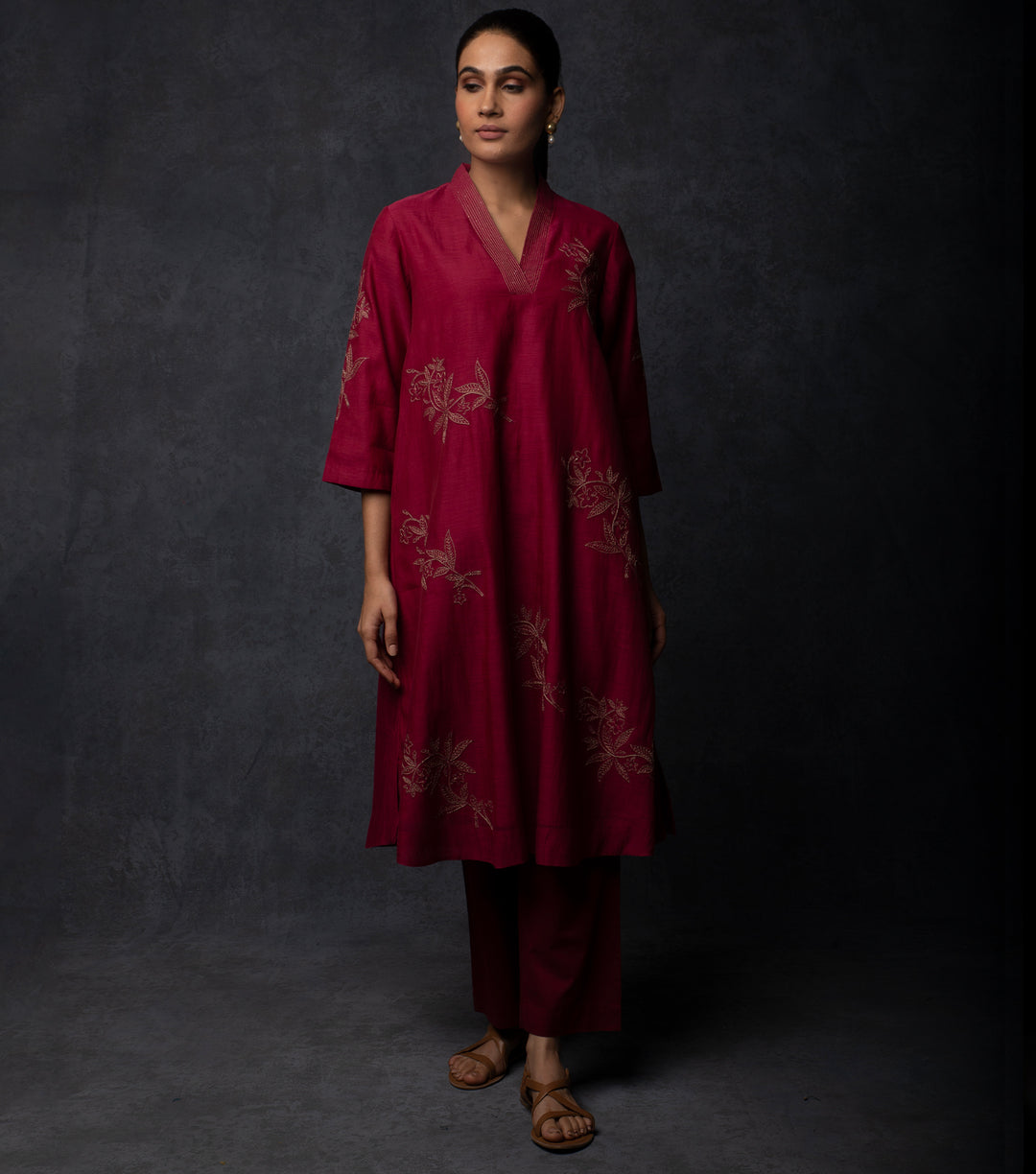 Maroon Embroidered Chanderi Suit Set