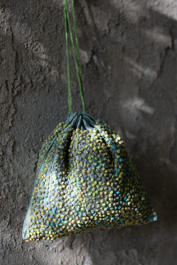 Teal Green Silk French Knot Potli