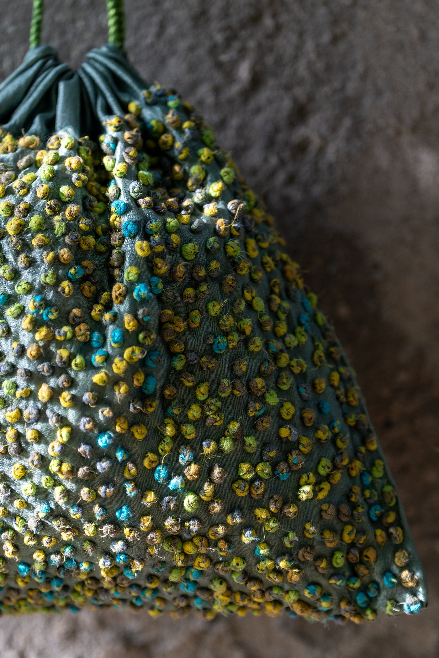 Teal Green Silk French Knot Potli