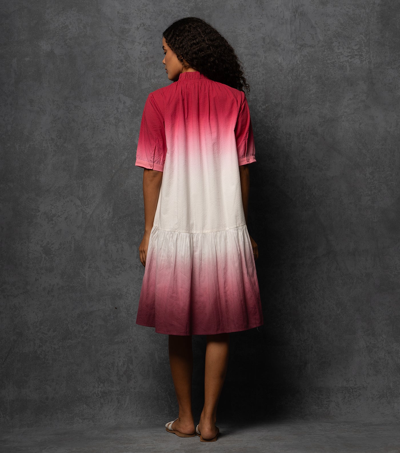 Ombre Grace Textured Cotton Dress with Mock Gathered Neckline