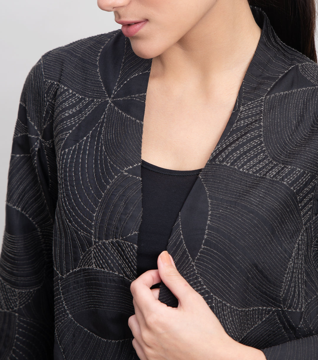 Black Embroidered Quilted Silk Jacket