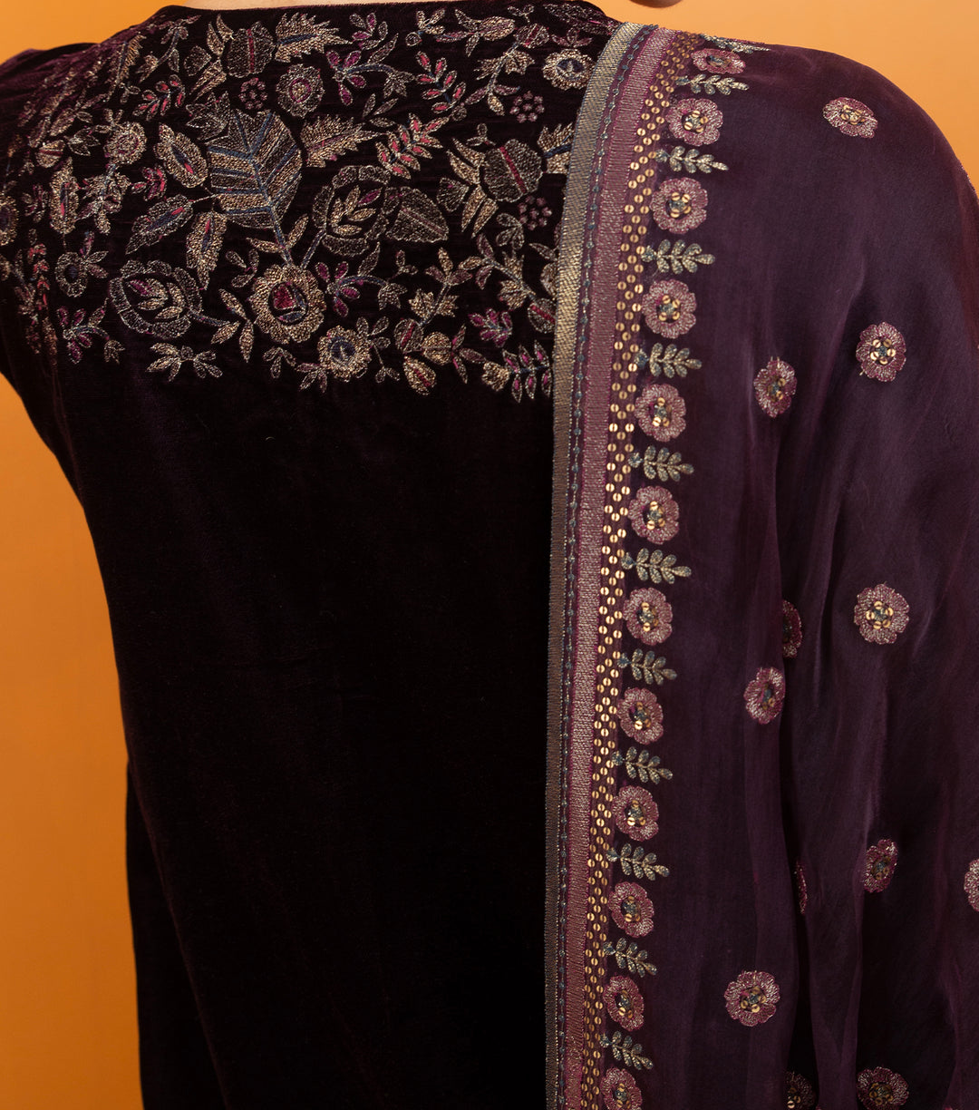 Plum Hand Embroidered Velvet Suit Set