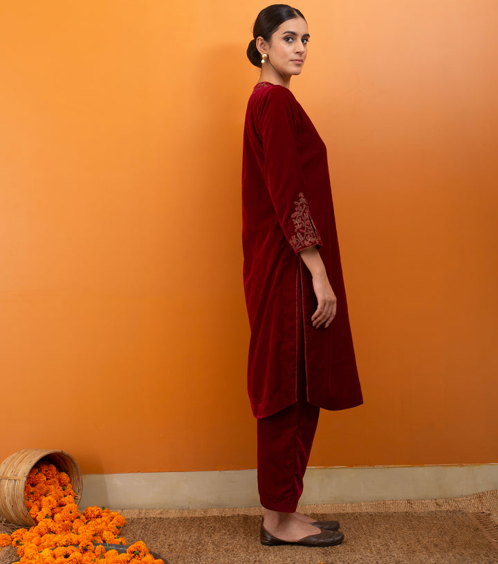 Maroon Embroidered Velvet Suit Set