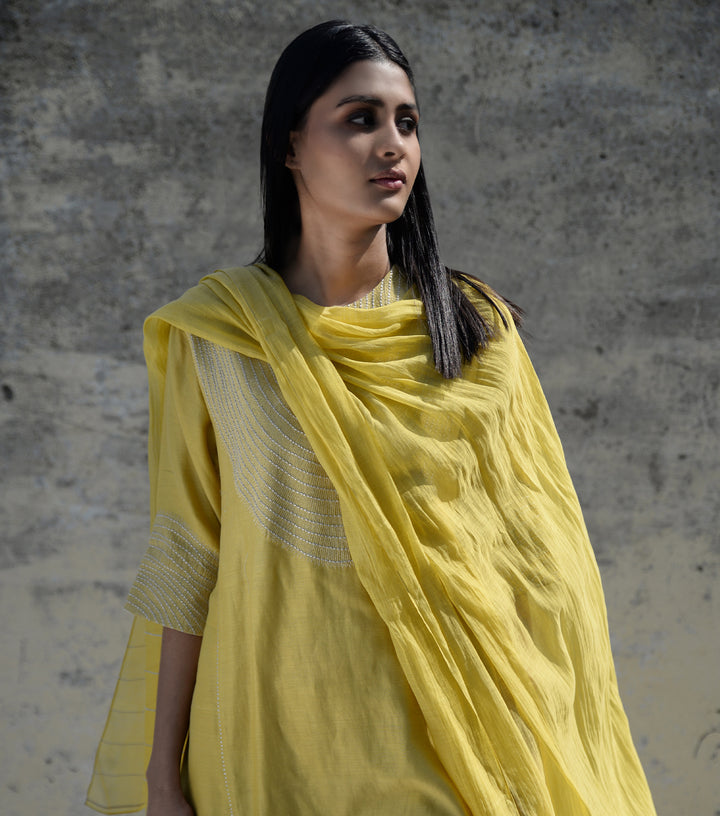 Yellow Zari Embroidered Chanderi Kurta Set with Pants