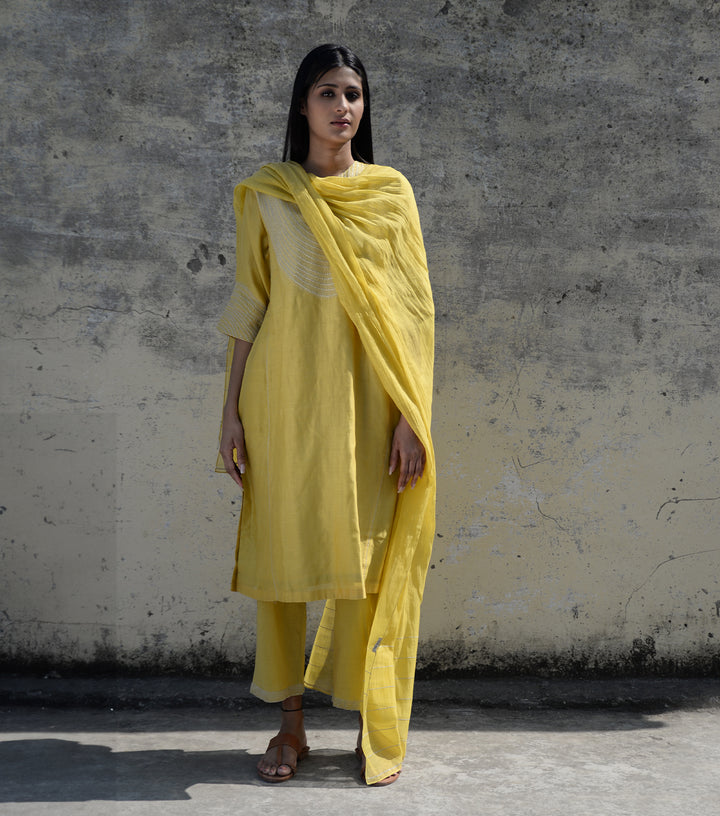 Yellow Zari Embroidered Chanderi Kurta Set with Pants