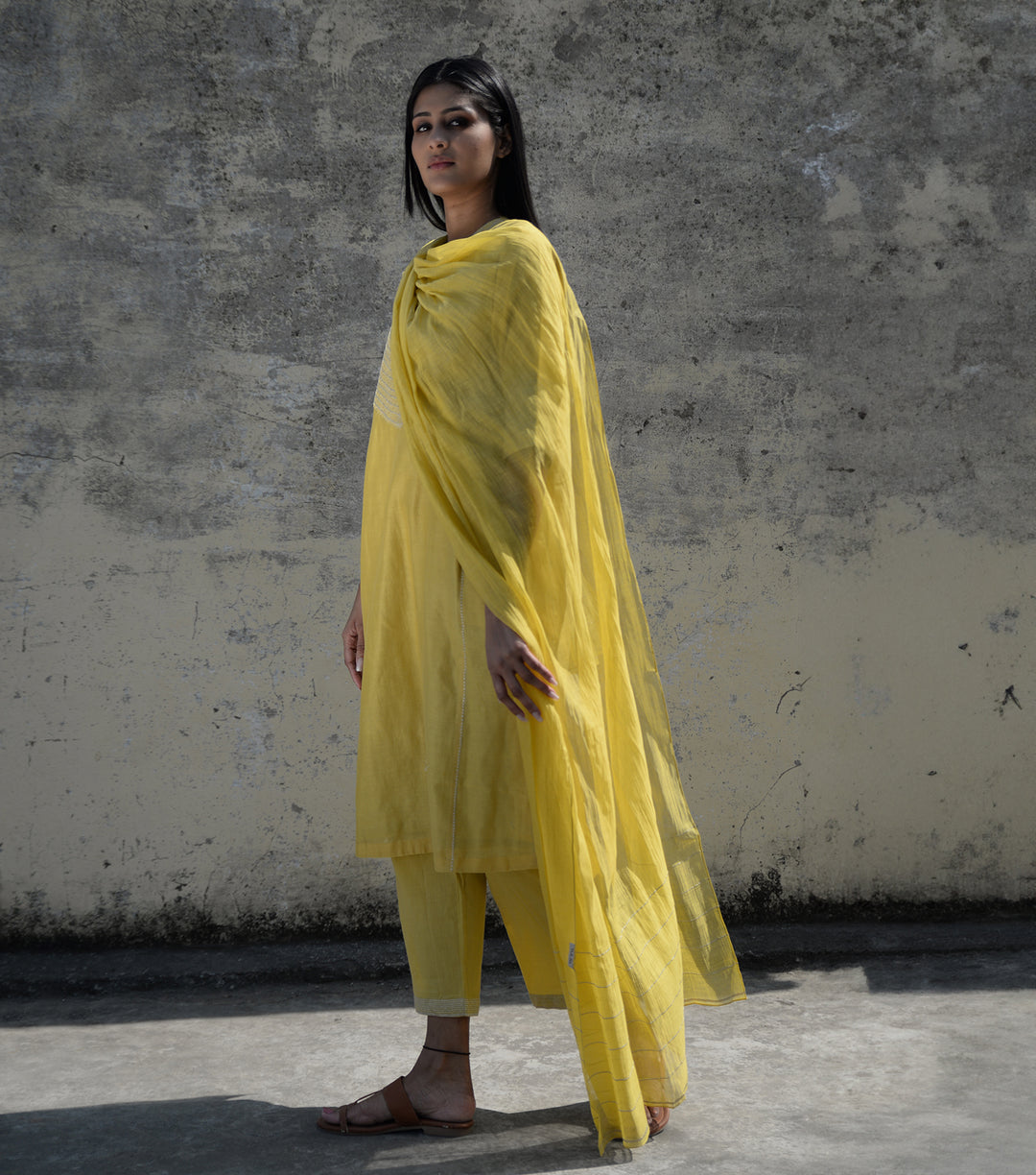 Yellow Zari Embroidered Chanderi Kurta Set with Pants