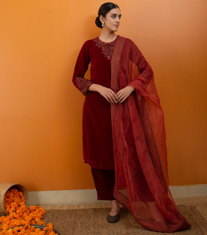 Orange Hand Embroidered Organza Dupatta