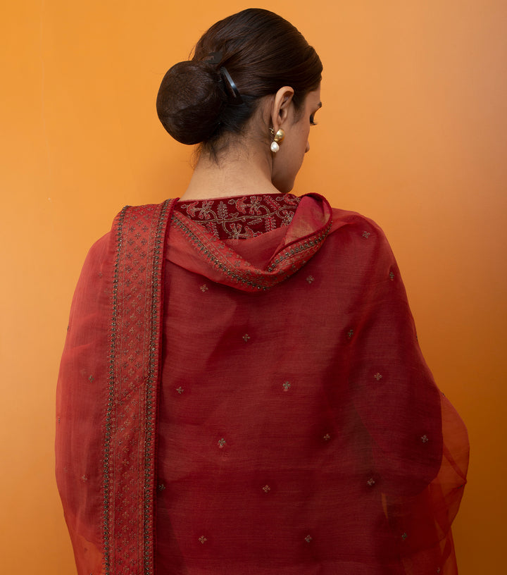 Orange Hand Embroidered Organza Dupatta