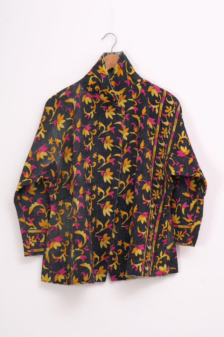 Black Yellow Vintage Cotton Kantha Jacket