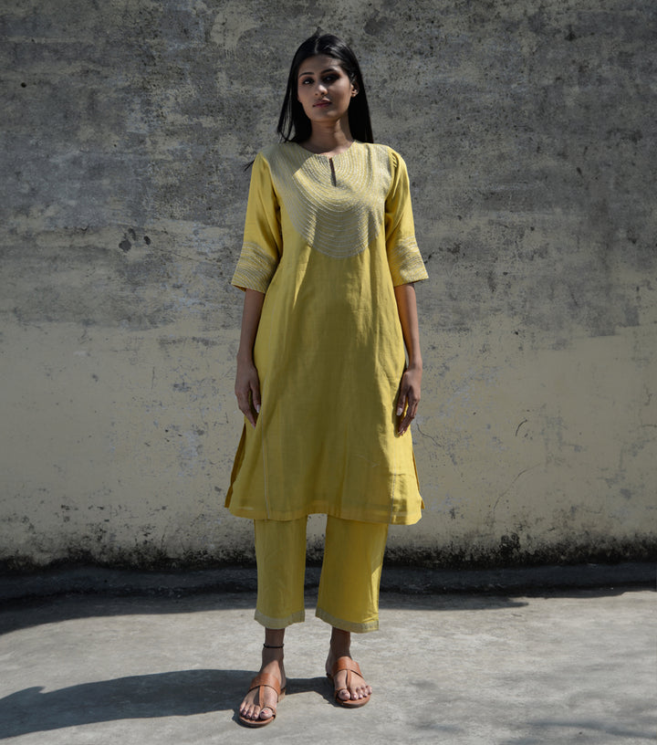 Yellow Zari Embroidered Chanderi Kurta Set with Pants