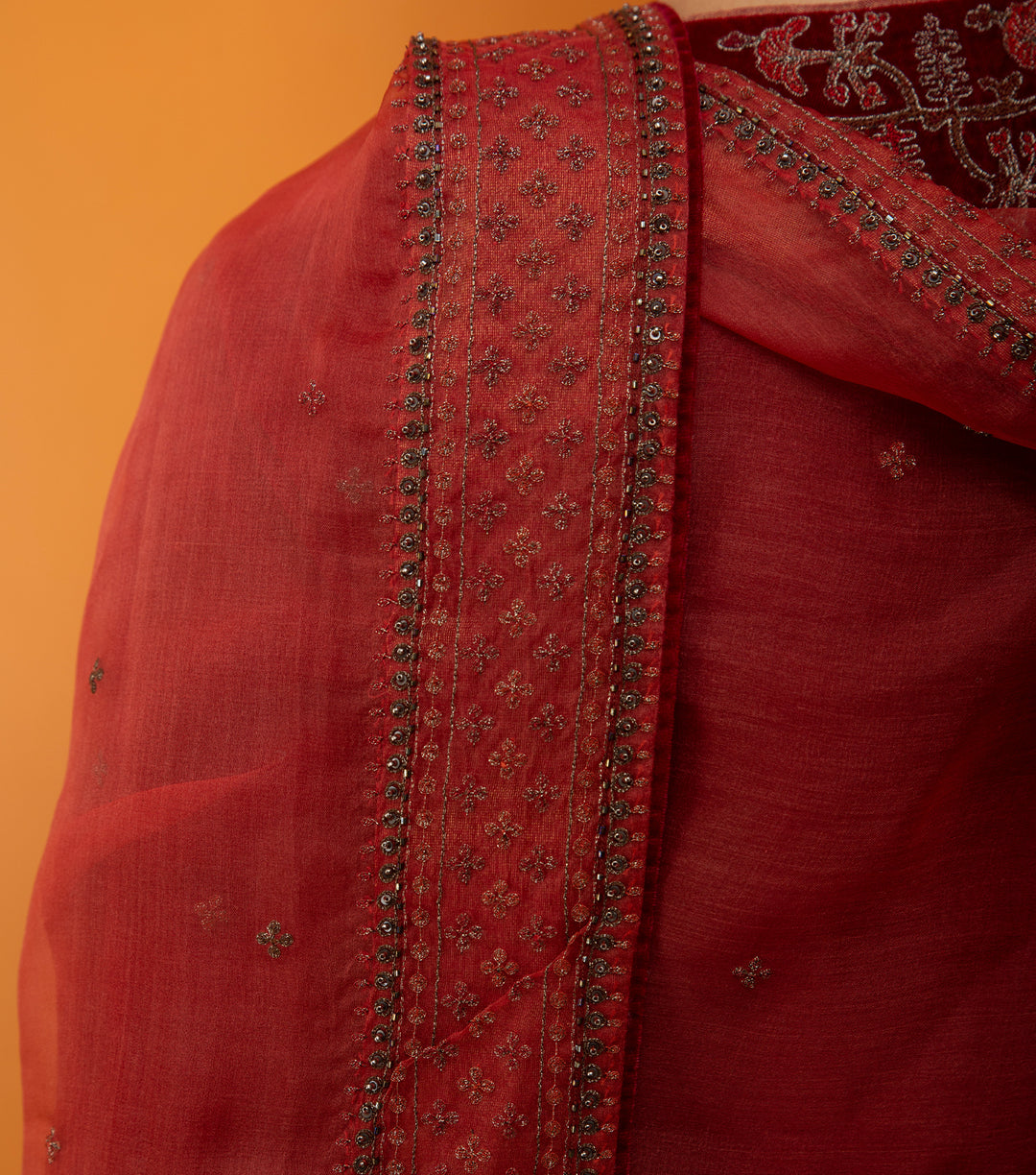 Orange Hand Embroidered Organza Dupatta