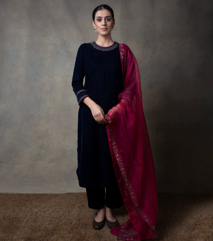 Navy Blue Embroidered Velvet Kurta Set