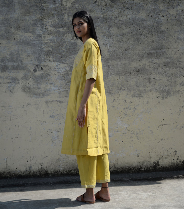 Yellow Zari Embroidered Chanderi Kurta Set with Pants