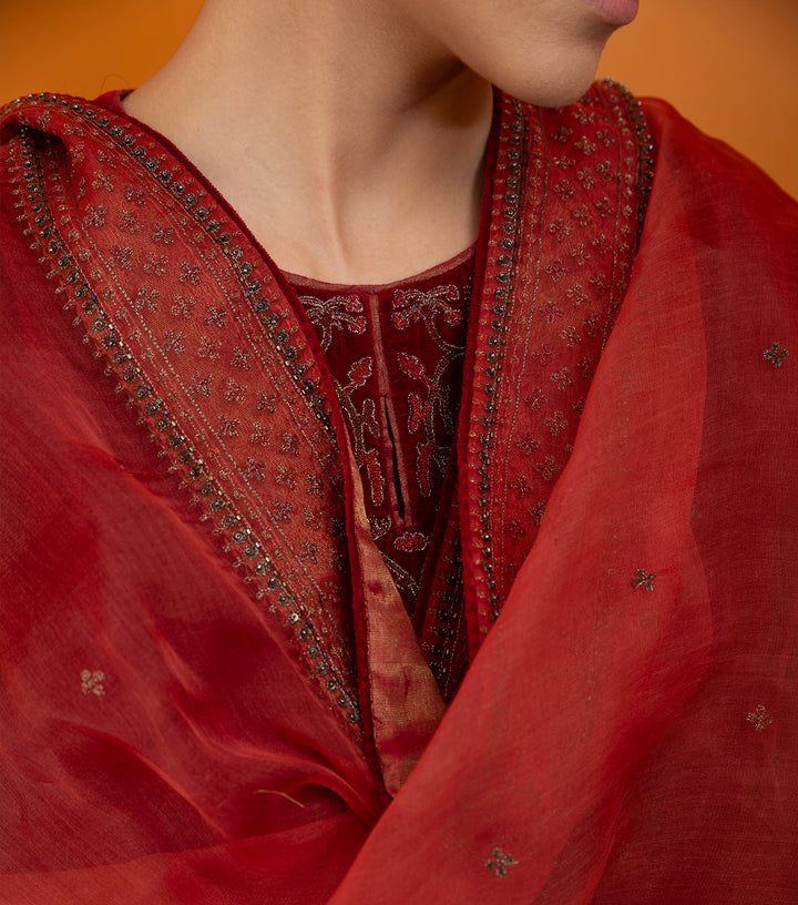 Orange Hand Embroidered Organza Dupatta