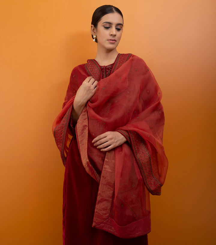 Orange Hand Embroidered Organza Dupatta