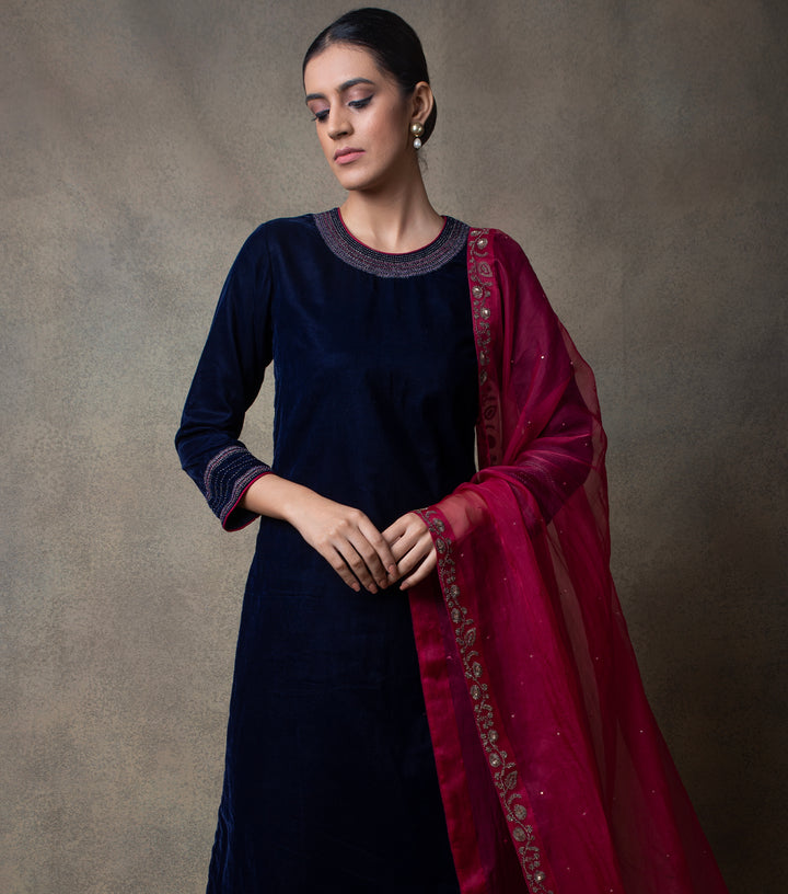 Navy Blue Embroidered Velvet Kurta Set