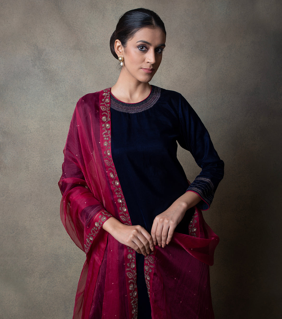 Navy Blue Embroidered Velvet Kurta Set