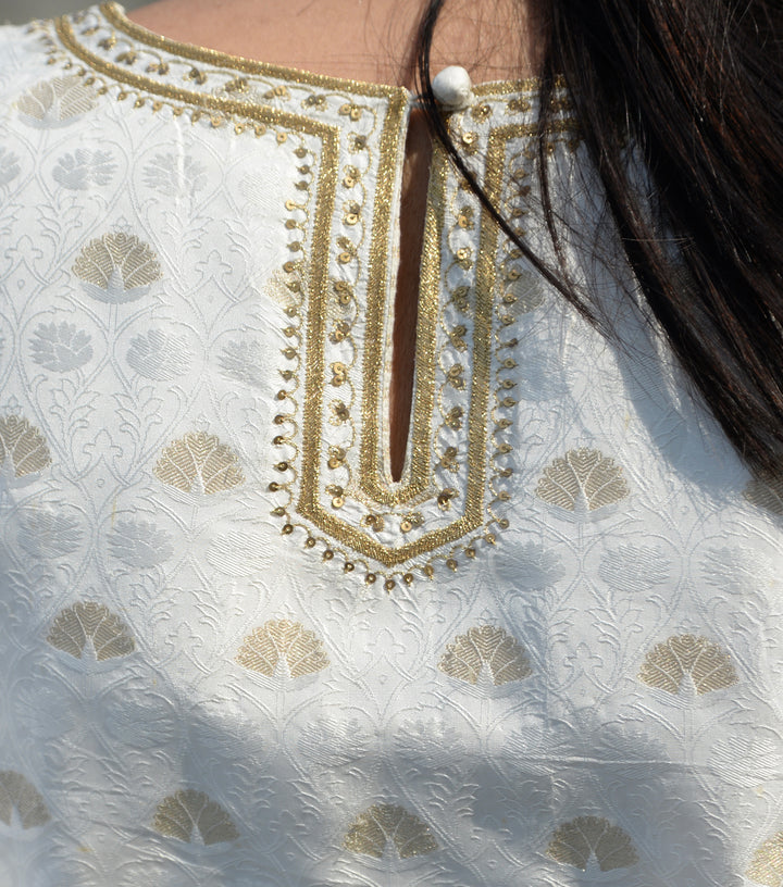 White & Gold Brocade Kurta Set With Organza Dupatta