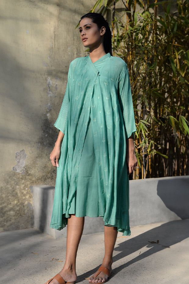 JADE GREEN THREAD EMBROIDERED MUSLIN CHOGA