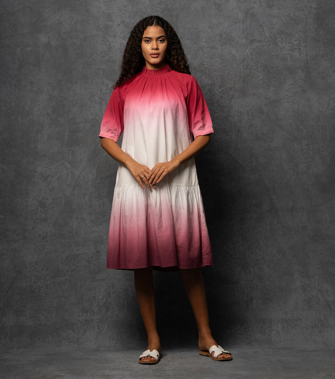 Ombre Grace Textured Cotton Dress with Mock Gathered Neckline