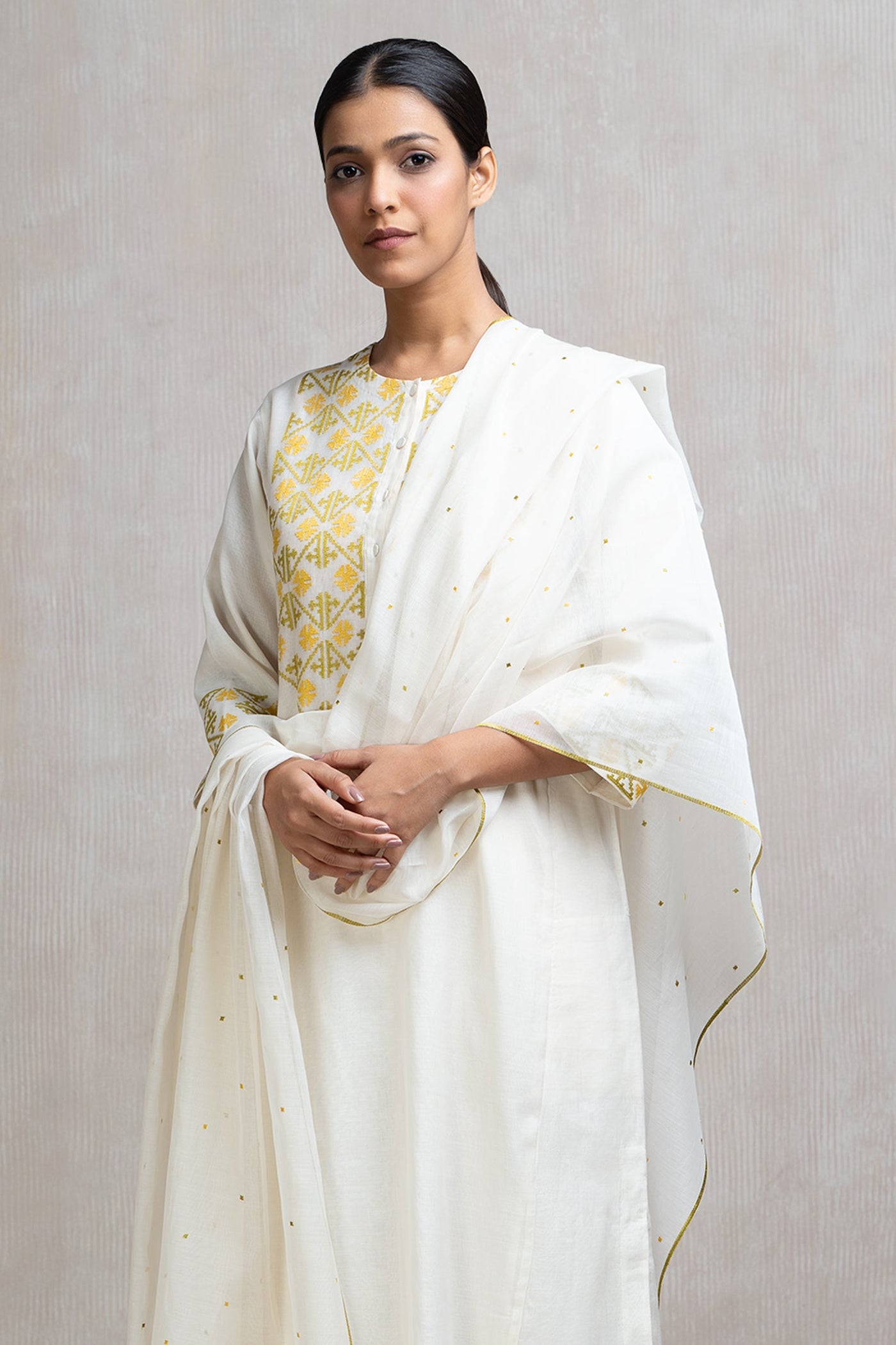 Embroidered Chanderi Kurta Set with Pants & Dupatta