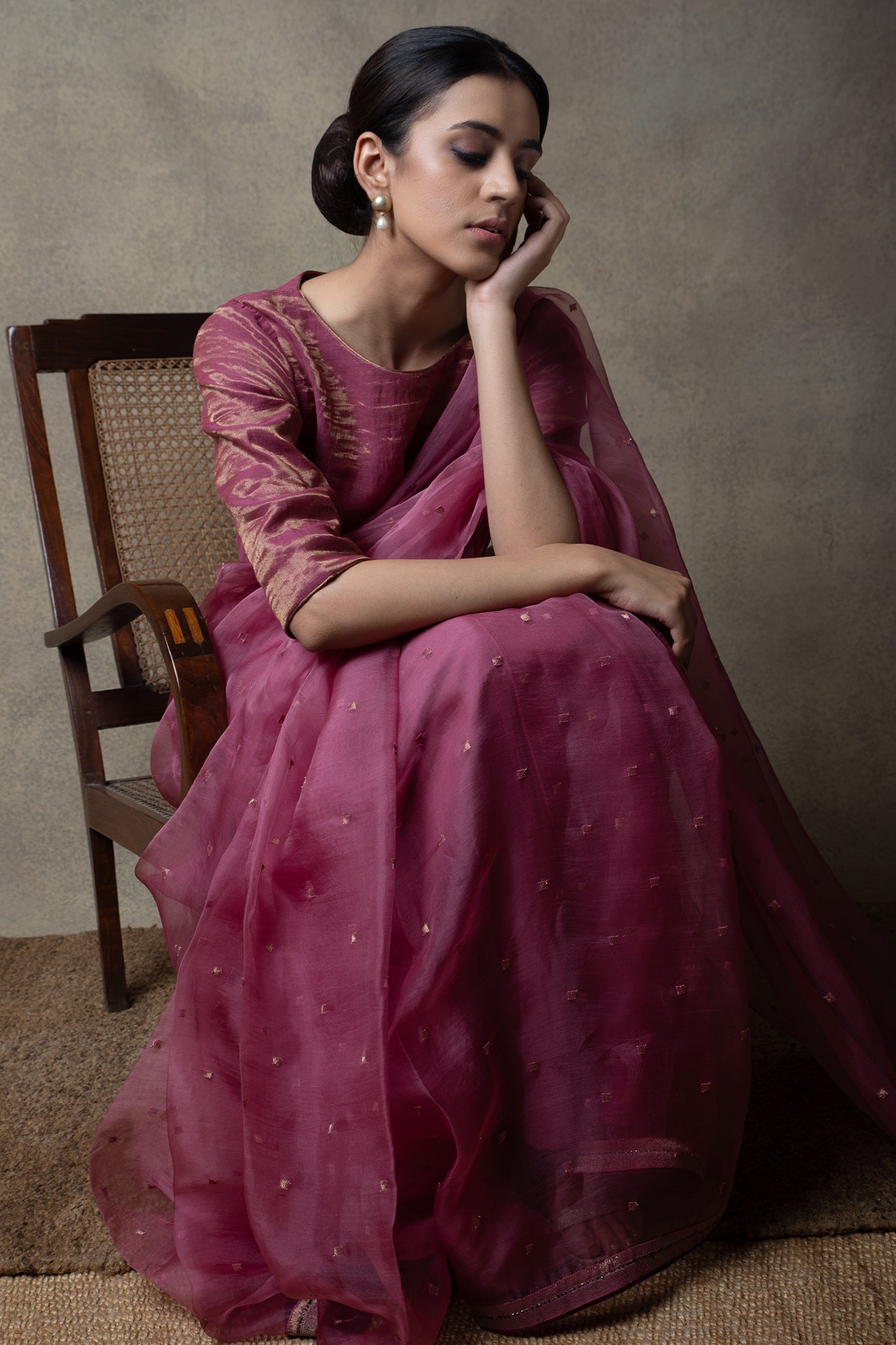 Plum Hand Embroidered Organza Saree