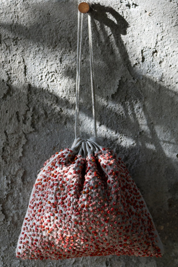 Grey Red Silk French Knot Potli