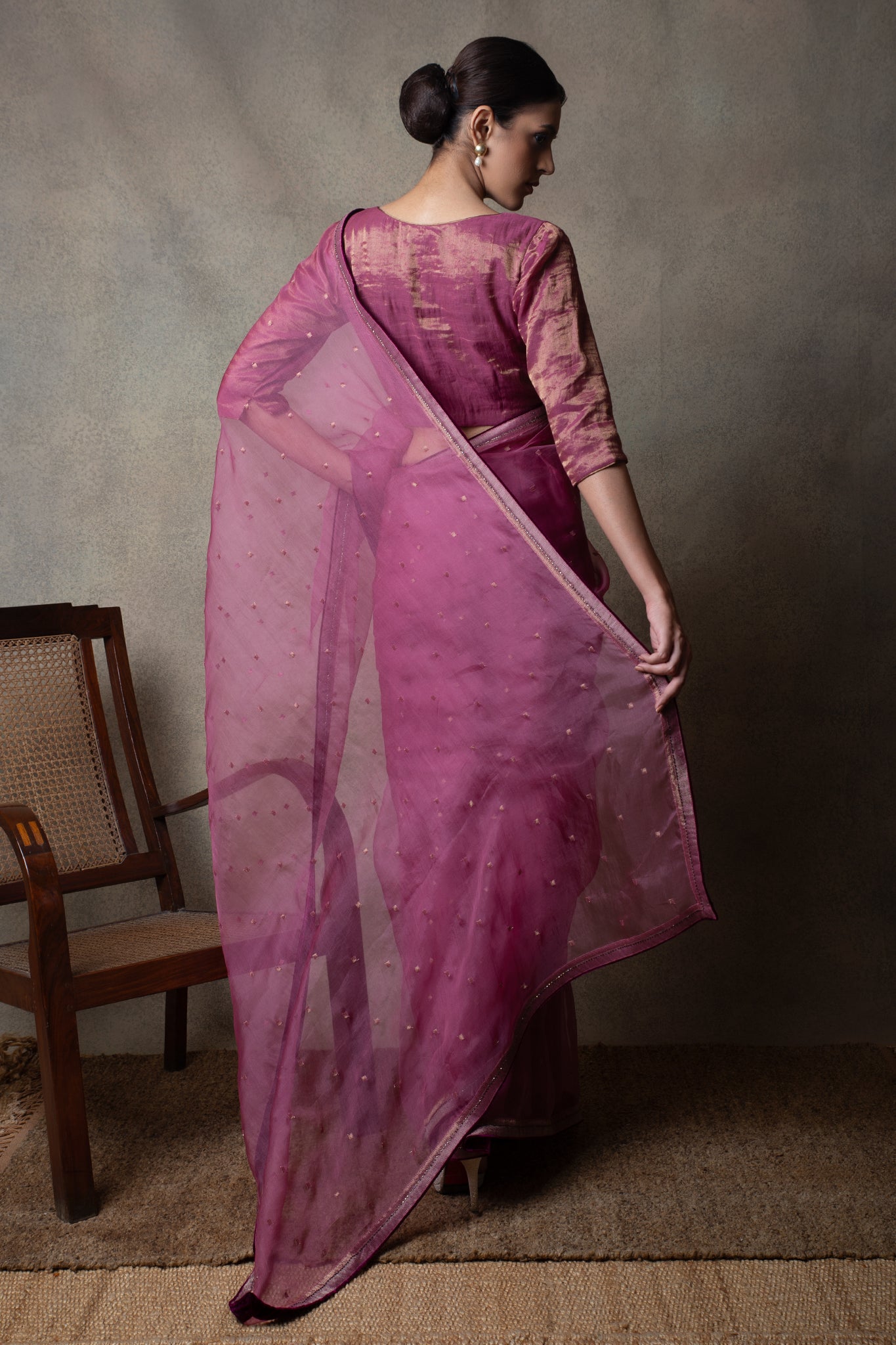 Plum Hand Embroidered Organza Saree