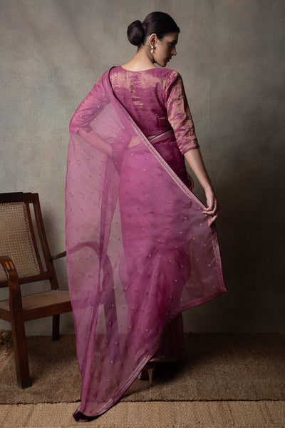 Plum Hand Embroidered Organza Saree