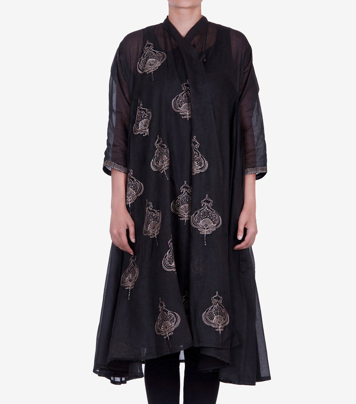 Black Embroidered Cotton Choga