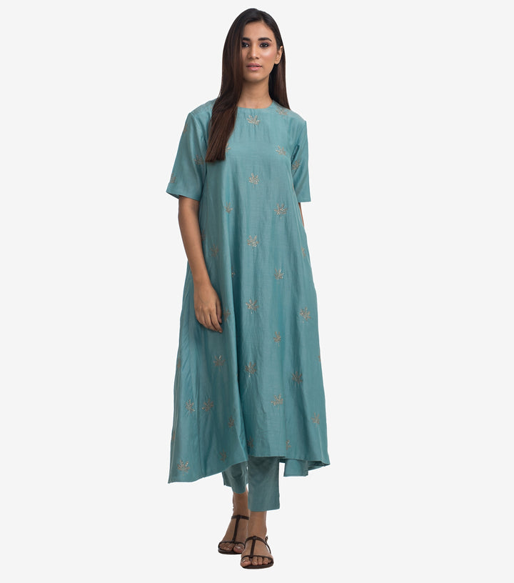 Blue embroidered Cotton silk Kurta & Pants Set