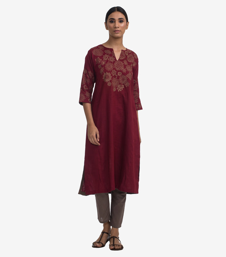 Maroon embroidered linen kurta