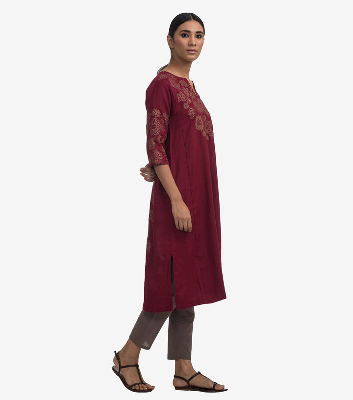 Maroon embroidered linen kurta