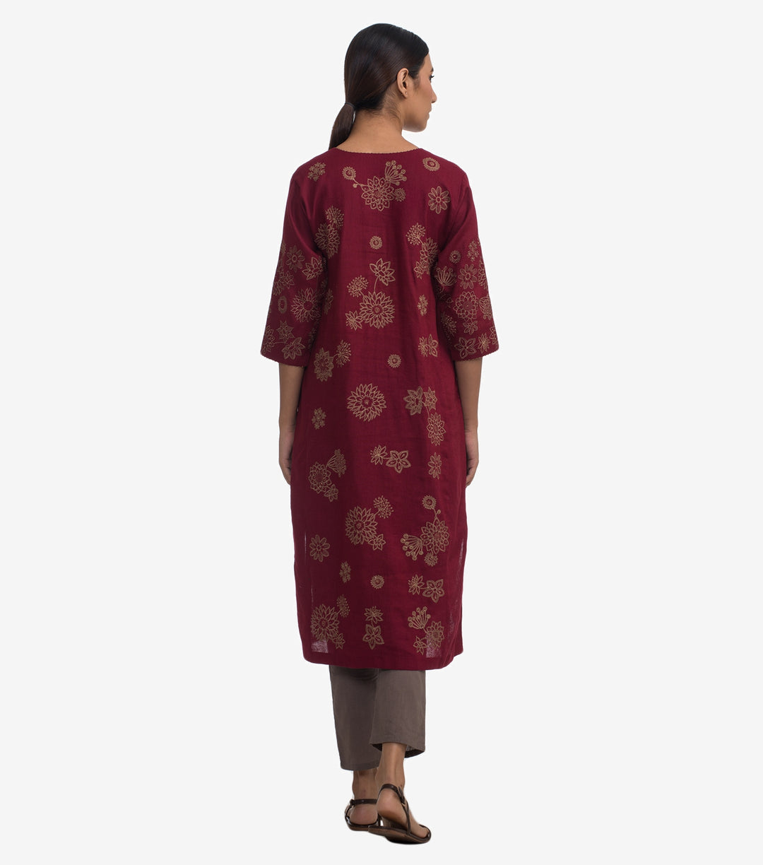 Maroon embroidered linen kurta