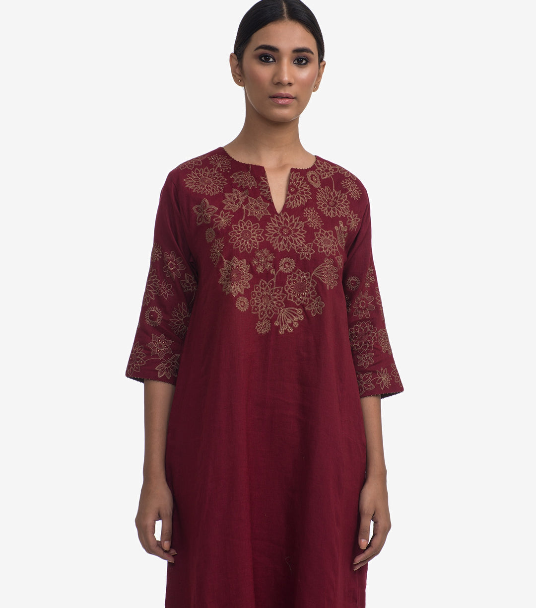 Maroon embroidered linen kurta