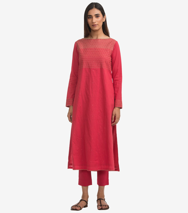 Pink Cambric Embroidered Kurta