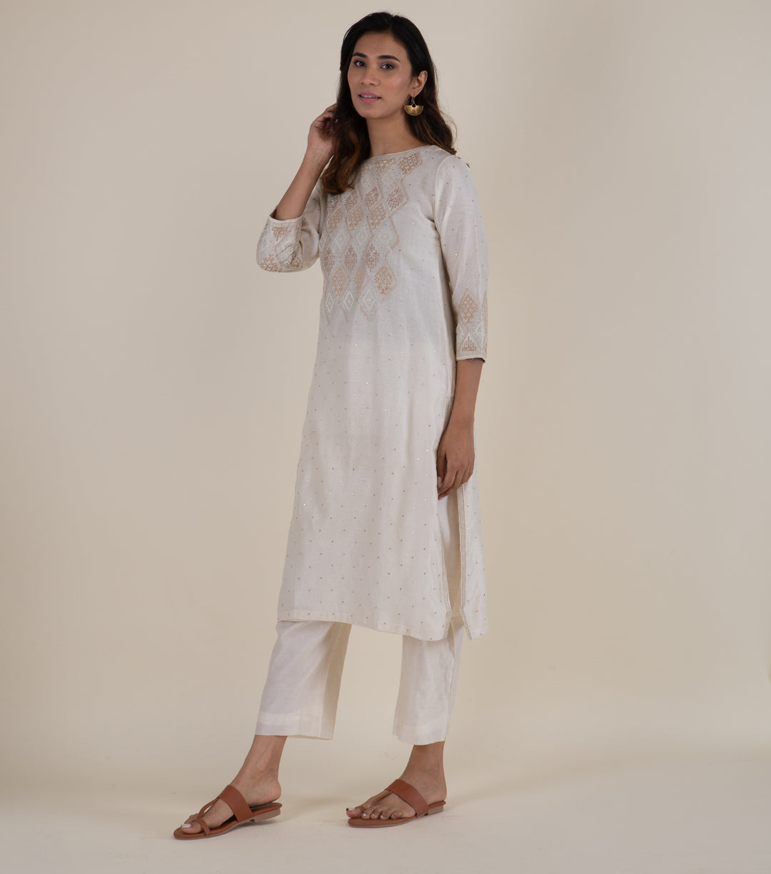 Natural Embroidered Chanderi Kurta