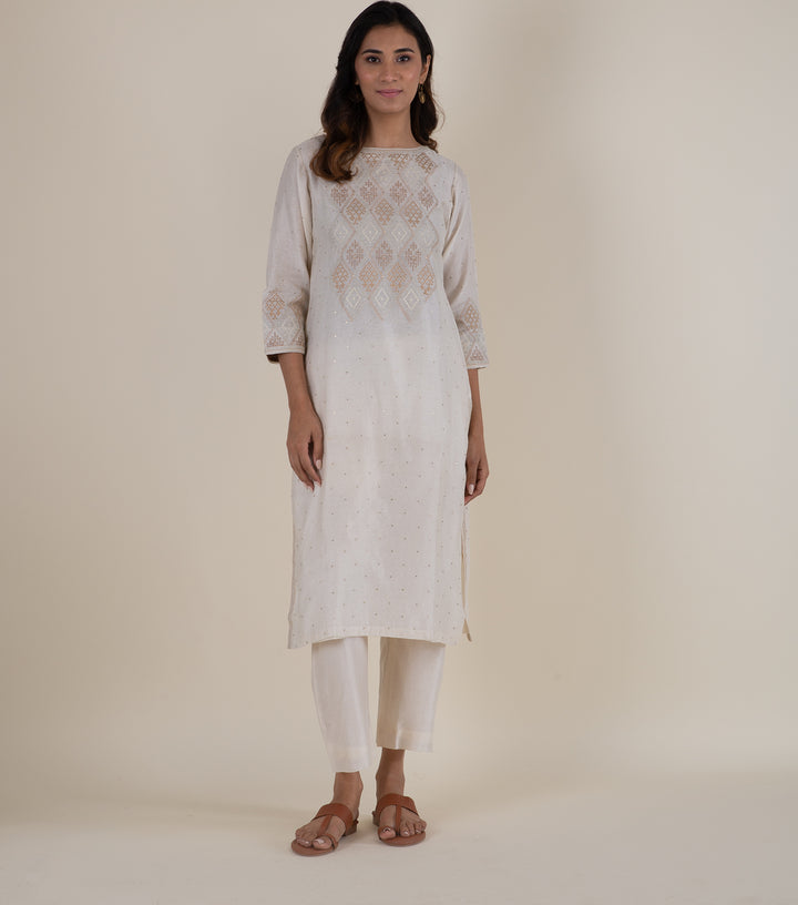 Natural Embroidered Chanderi Kurta