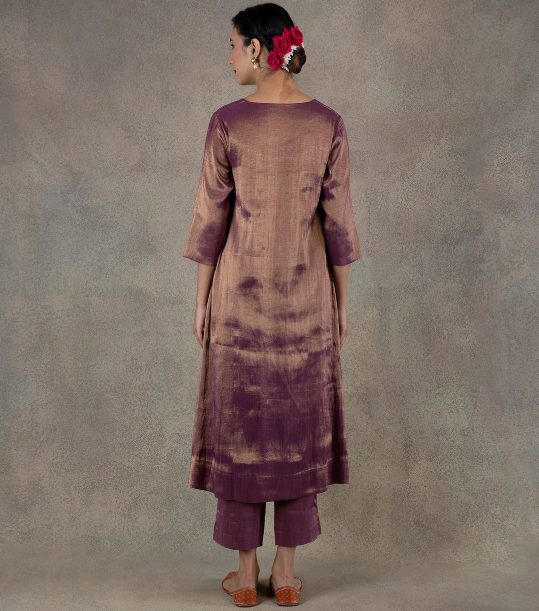 Purple Tissue Flared Kurta & Palazzo Pants Set